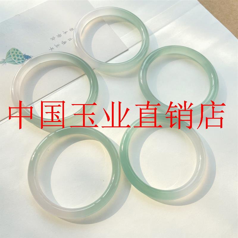 {半城明媚}精选高品质玛瑙圆条手镯半山水浅绿色冰透玛瑙手镯送礼
