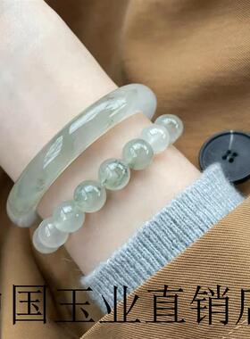 扁圆条手镯子半山半水翡翠色玛瑙女款高端新疆天山翠冰翠金丝玉