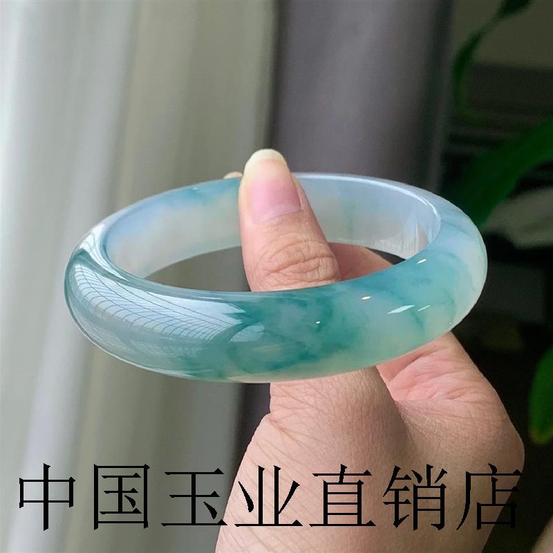 缅甸冰种飘花翡翠色手镯冰糯飘蓝花玉镯子时尚女半山水美人镯正品