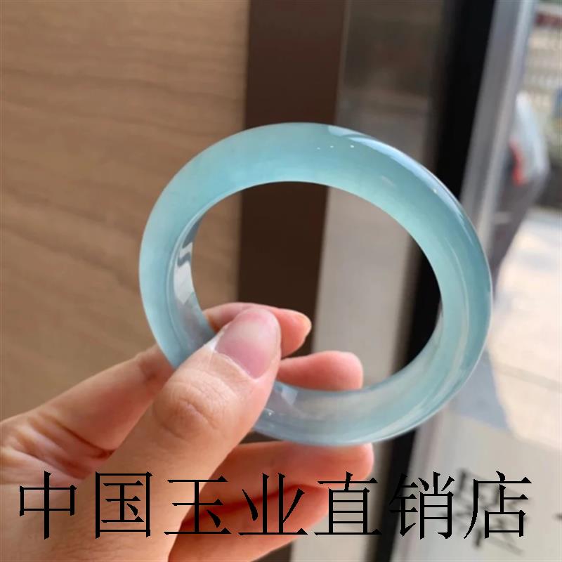蓝水冰种海蓝宝玉镯晴水底天青冻镯子天空蓝翡翠色石英岩玉手镯