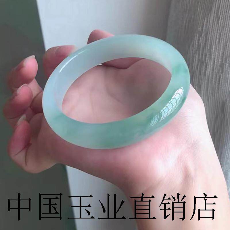 缅甸冰种飘花翡翠手镯真玉高端晴绿浅绿油青玉镯子处理贵妃镯圆条