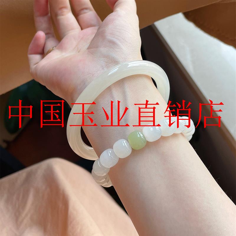 新疆和田青玉手链男女款复古老型珠子搭配晴水料单圈羊脂玉石手串