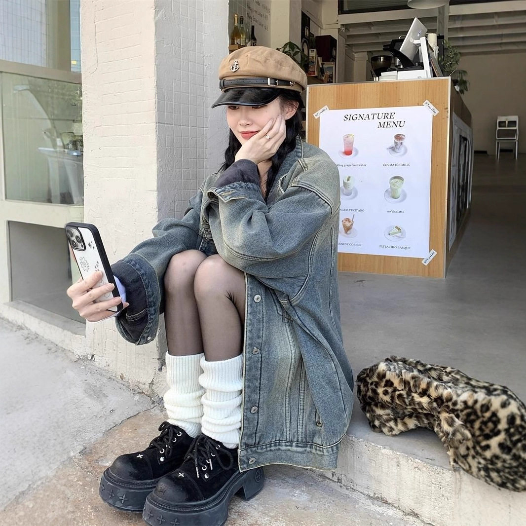 美式炸街加绒加厚夹克牛仔外套女秋冬季新款复古宽松中长款上衣潮