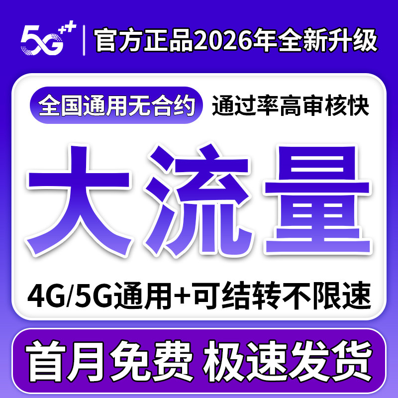流量卡纯流量上网卡5G4G手机卡电话卡无线限不限速大王卡全国通用