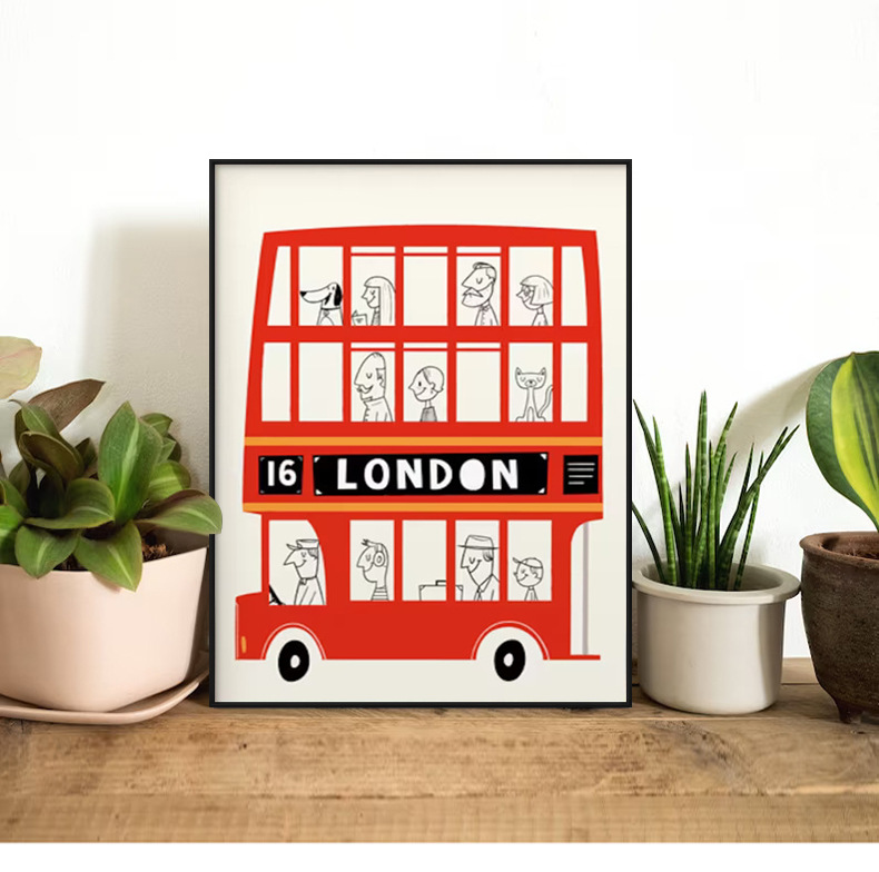 现代简约卡通男孩伦敦红色公车儿童房装饰画床头挂画壁画桌面摆画