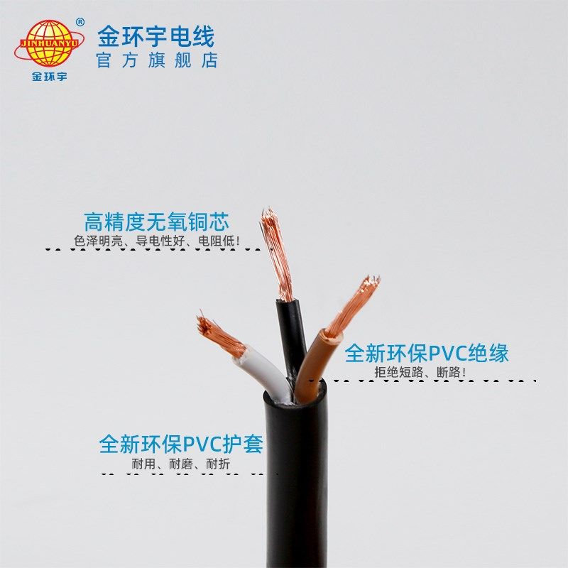 金环宇RVV三相电线电缆铜芯护套线 4芯x0.5/0.75/1/1.5/2.5/4平方