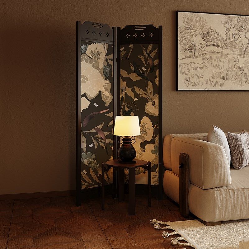中古风格荷e花折叠实木屏风漆画屏风高端入户客厅隔断定制图案