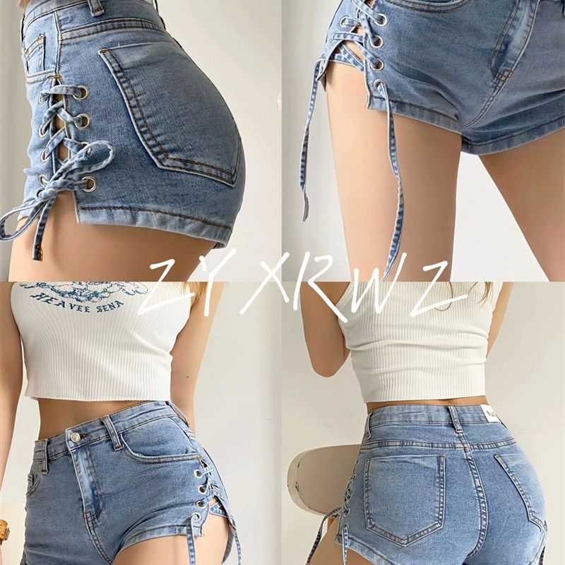 纯欲风复古高腰牛仔短裤女浅蓝色双侧绑带夏季新款a字显瘦热裤