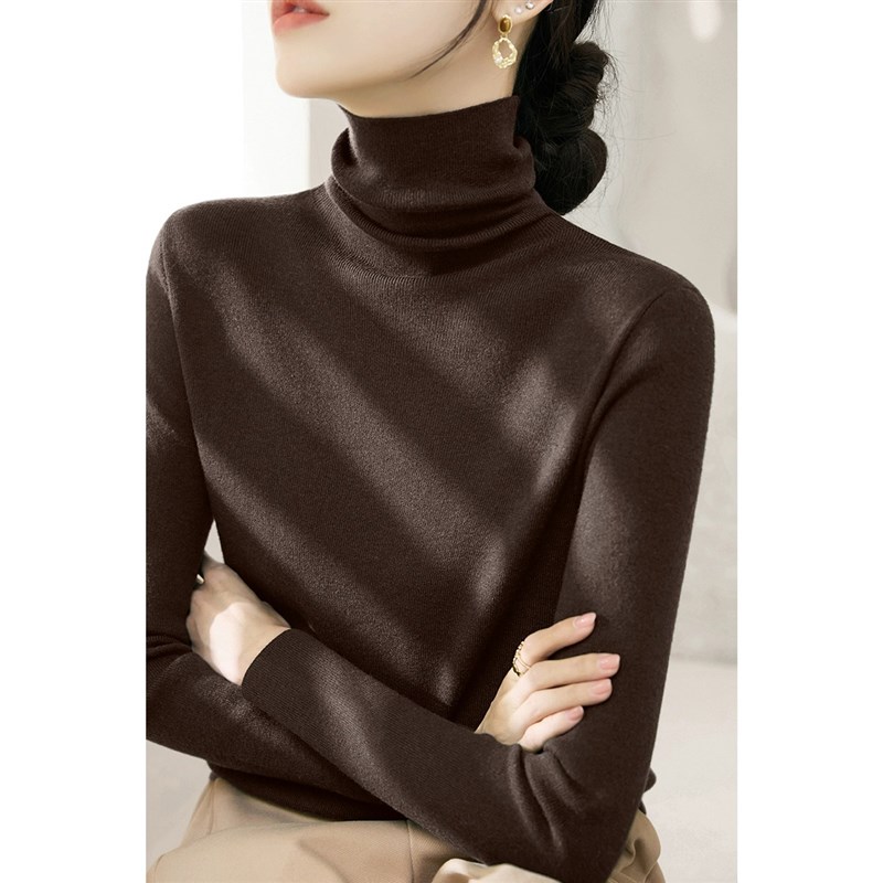 深棕色高领针织打底衫女秋冬季修身皮草大衣内搭堆堆高领毛衣上衣