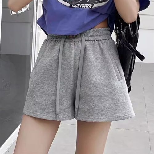 2025春夏新款灰色抽绳松紧腰运动短裤女百搭宽松休闲a字阔腿热裤