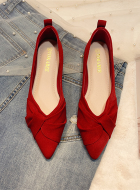 红色单鞋女婚鞋平底鞋2r023春季新款浅L口软底法式豆豆鞋女尖头瓢