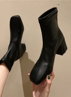 白色马丁靴女英伦j风2021夏季B薄款百搭春秋单靴瘦瘦靴中粗跟短靴