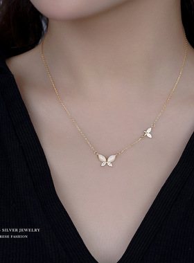 新款蝴蝶猫眼石项链女锁骨链S925足银网红同款韩版吊坠简约个性