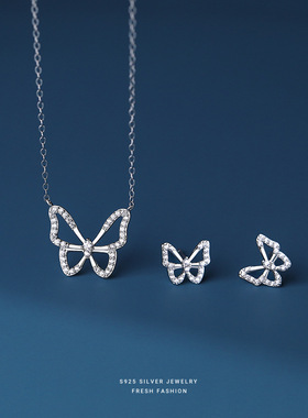 新款S925纯银镶钻镂空蝴蝶项链女韩版网红同款锁骨链小众高级感