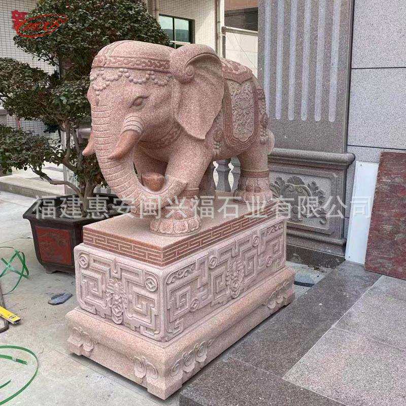 石雕吉象门墩抱鼓石别墅门口仿古看门蒙古红大象石鼓石墩摆件厂家
