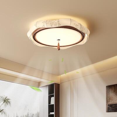 无叶风扇灯卧室吸顶灯法式中古风印花布艺宋代美学静音电扇房间灯