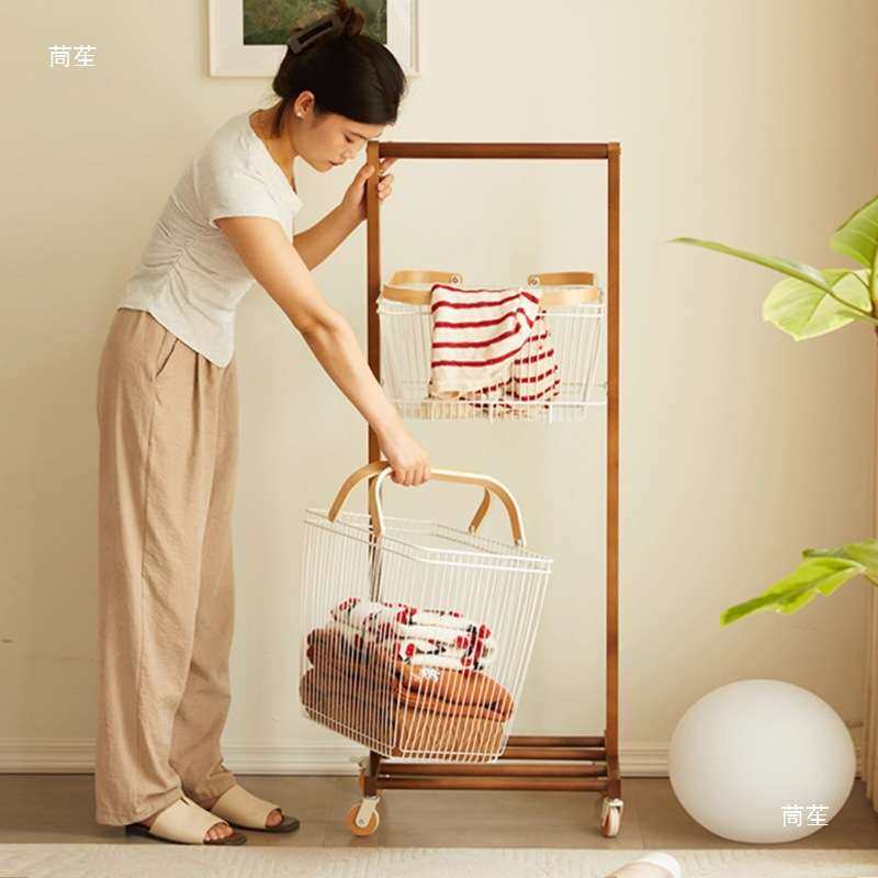 挂衣架落地卧室矮款实木不占空间家用衣服挂架可移动脏衣篓收纳架