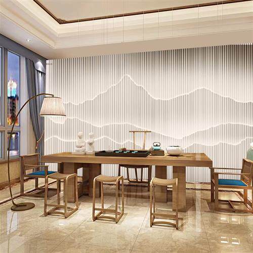 新中式发光假山屏风木格栅墙纸茶室山形背景墙木纹原木色木条壁纸