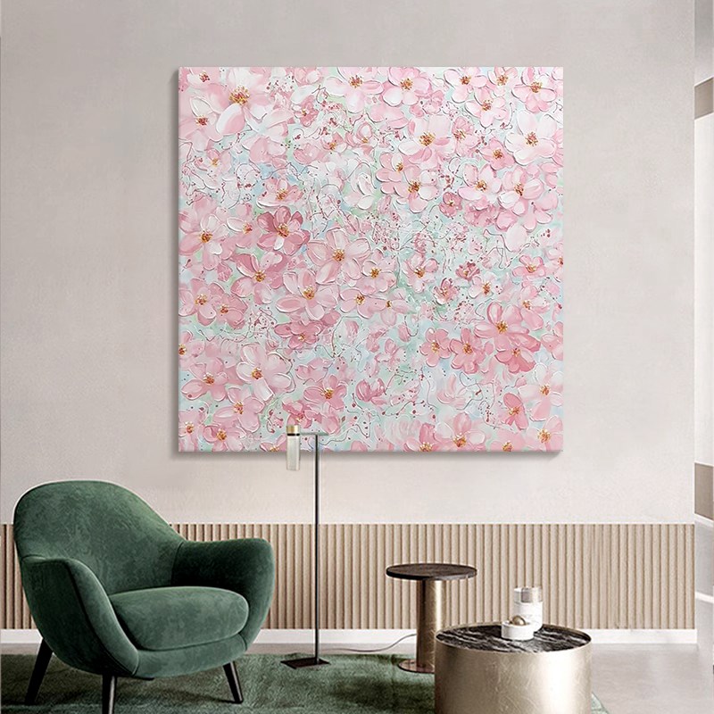 纯手绘油画粉g色桃花装饰画客厅餐桌玄关挂画卧室床头立体肌理画