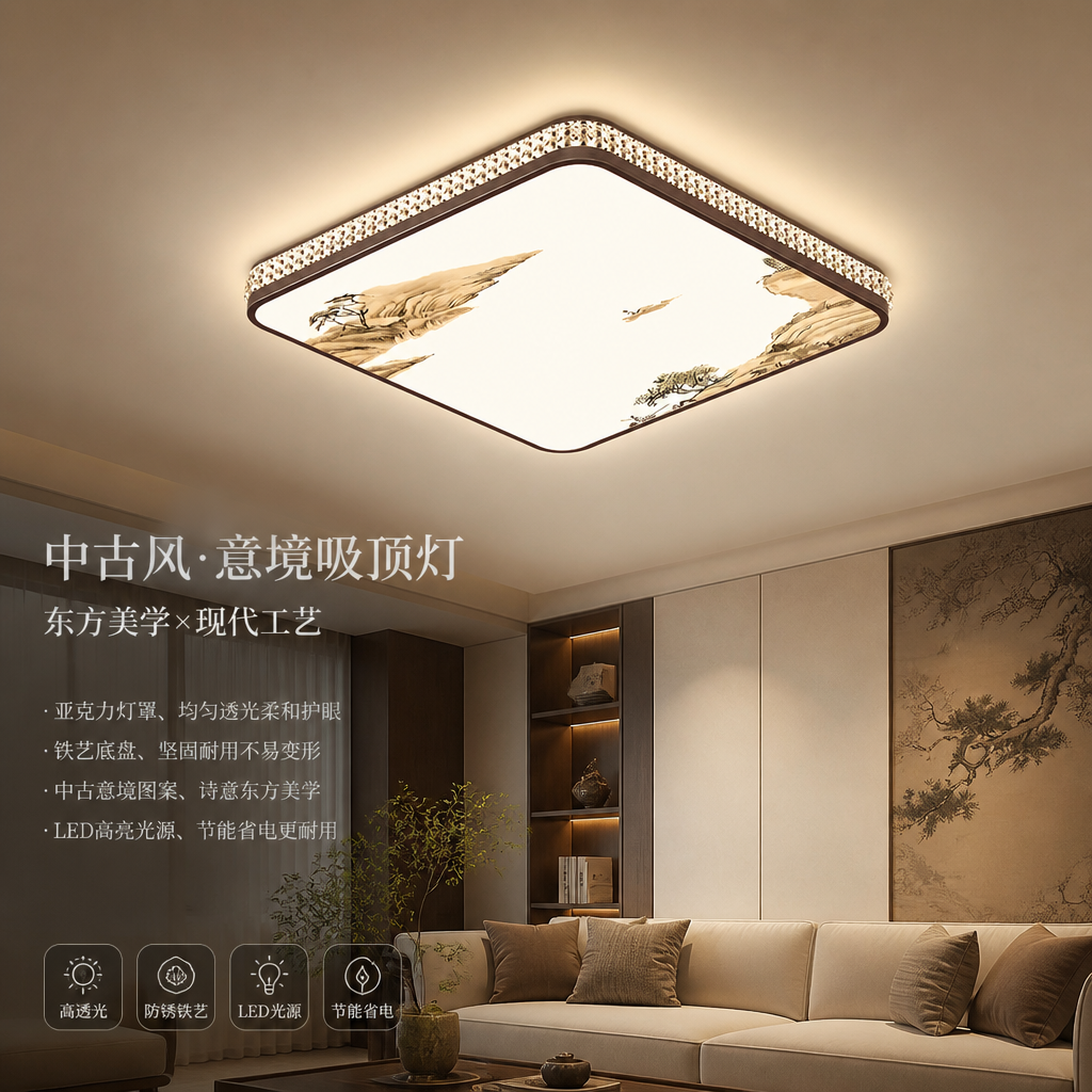 H正方形卧室吸顶灯餐客厅新中式中古风全光谱护眼胡桃木色书房灯