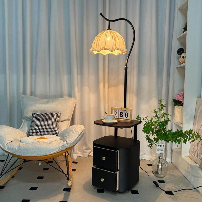 法式床头柜落地灯实木置物架一体立式台灯中古风卧室氛围茶几灯具