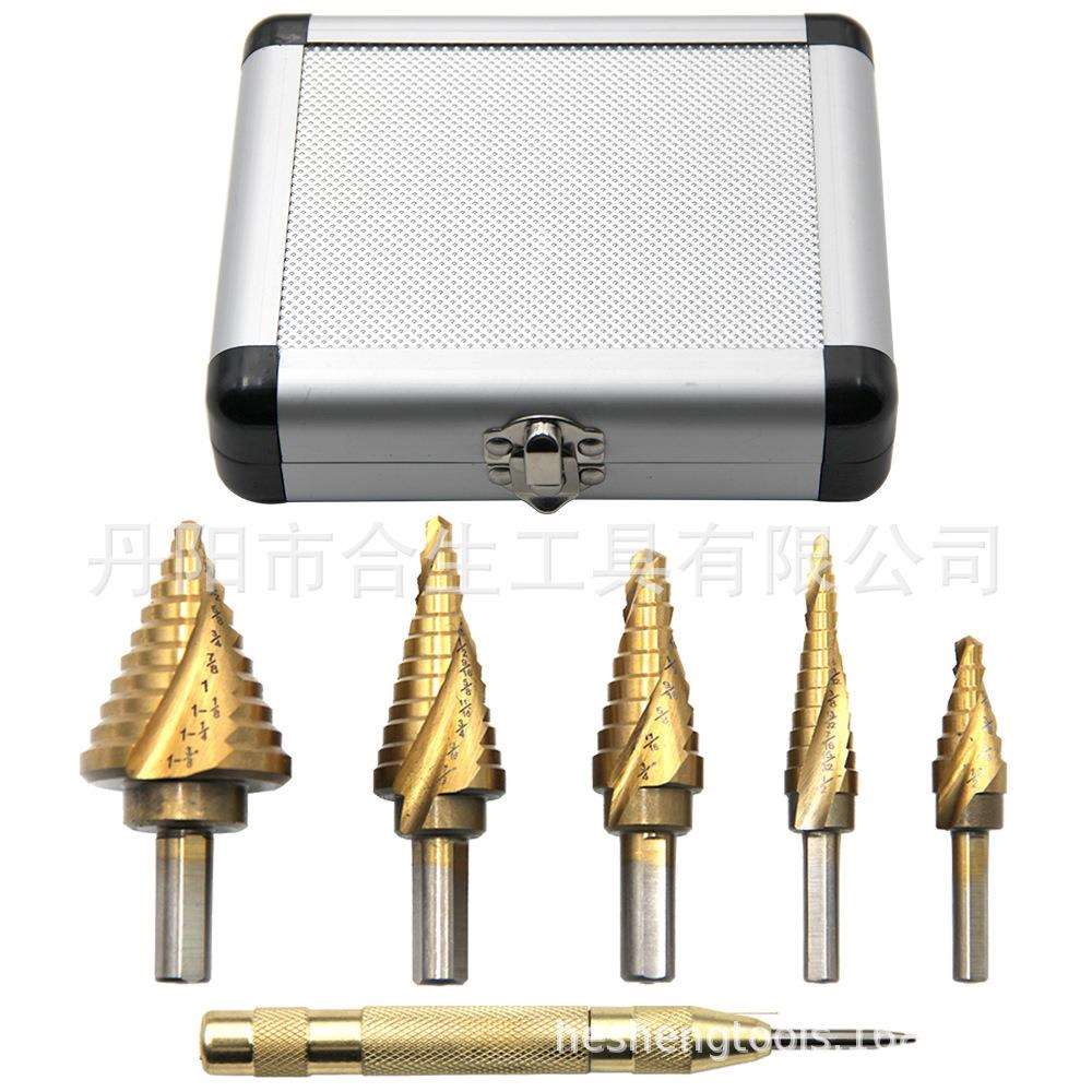 6pc铝盒英制镀钛三角柄螺旋槽高速钢阶梯钻宝塔钻 中心冲开孔组套