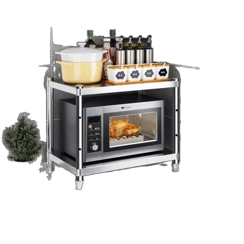 高两层厨房落地不锈钢置物架微波炉烤箱锅盖碗调料台面架双层