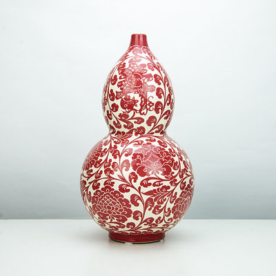 安氏磁州窑瓷器客厅装饰红色花瓶书房福禄寿喜现代陶瓷葫芦瓶桌面