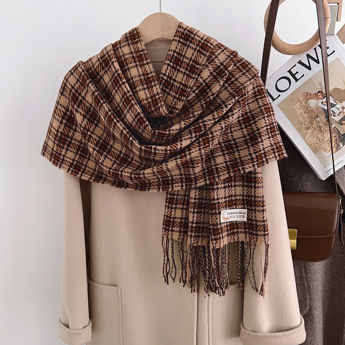 日本品质新款秋冬季格子围巾仿羊绒韩版简约百搭保暖披肩学生款流