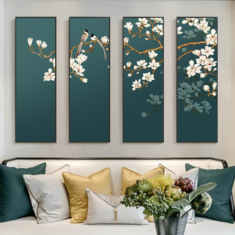 白玉兰新中式花鸟客厅背景墙装饰壁画绿色古韵玉兰花四联茶室挂画
