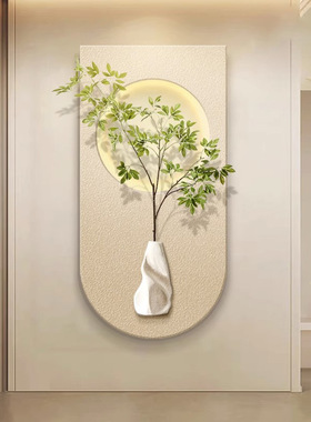 侘寂风玄关装饰画绿植沙发背景墙壁画立体砂岩led灯光画玄关挂画