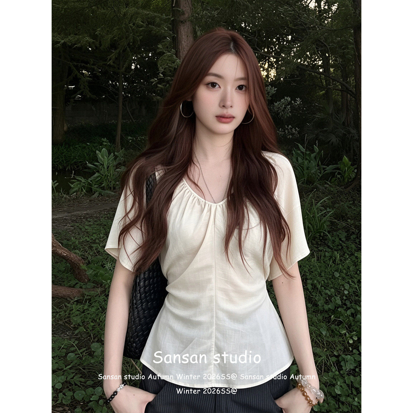韩系亚麻短袖t恤女夏季穿搭后背露腰绑带tee显瘦高级感气质上衣潮