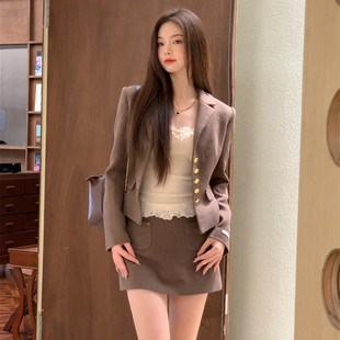 呢外套半裙套装 美拉德复古学院收腰正肩西装 秋季 高等私立校花