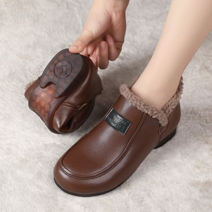 真皮软底防滑妈妈鞋棉鞋中老年加绒皮鞋小码3233老U年人女鞋冬季