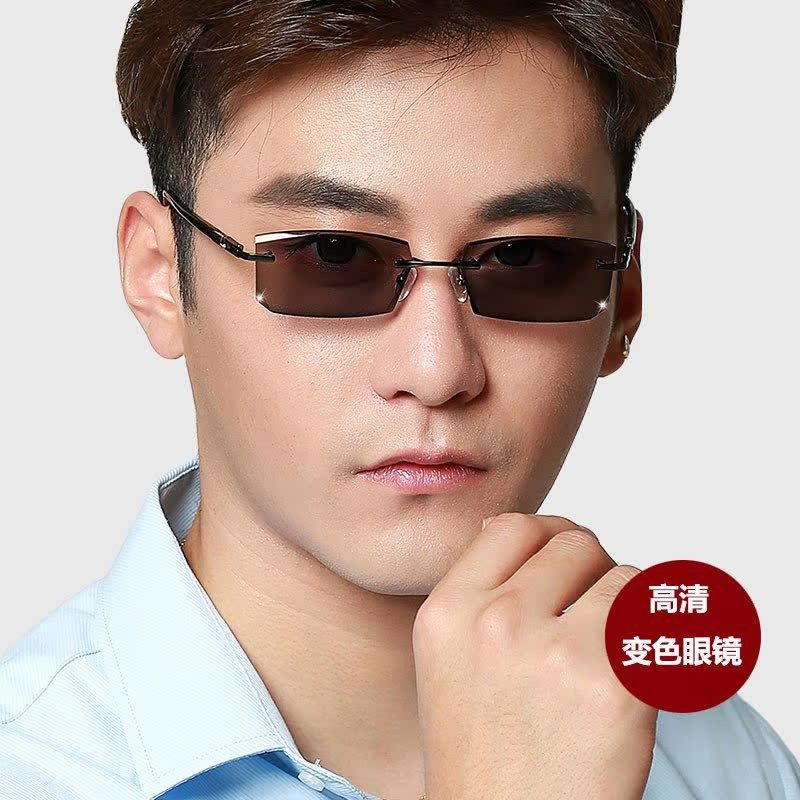 无框变色眼镜男士可配度数太阳眼镜切边镶钻近视方形黑墨镜58103