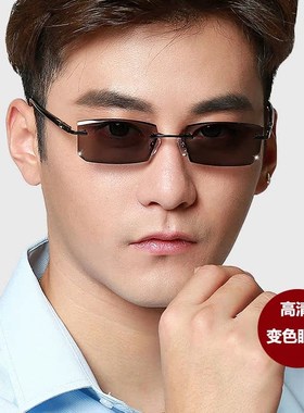 无框变色眼镜男士可配度数太阳眼镜切边镶钻近视方形黑墨镜58103