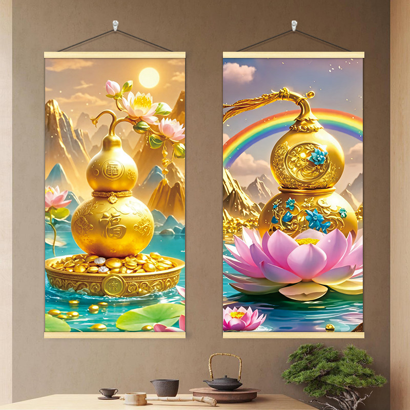 中式紫气东来金色福葫芦挂图挂画挂布玄关客厅走廊过道海报墙贴纸,家居饰品,现代装饰画,淘宝优惠券,粉丝福利购,淘宝优惠卷