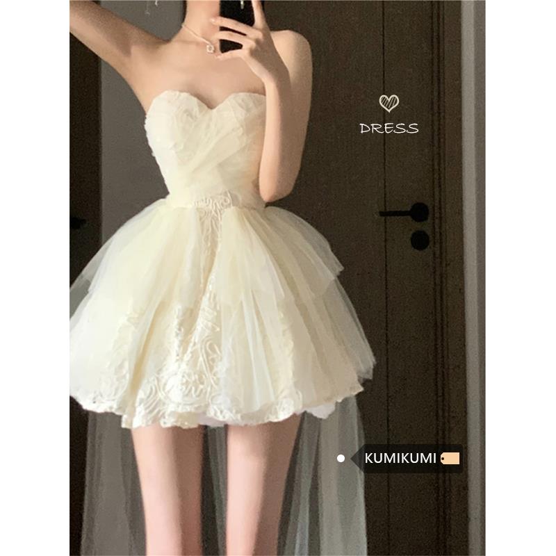 kumikumi高级感拖尾礼服裙抹胸蕾