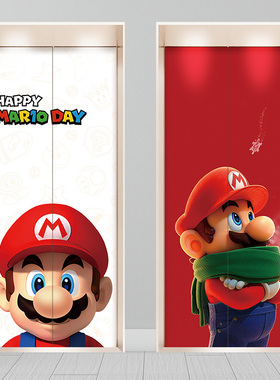 马里奥电梯门贴纸高级感一梯一户门口加厚高级卡通防水遮丑装饰画