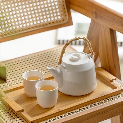 日式陶瓷大容量竹柄茶壶