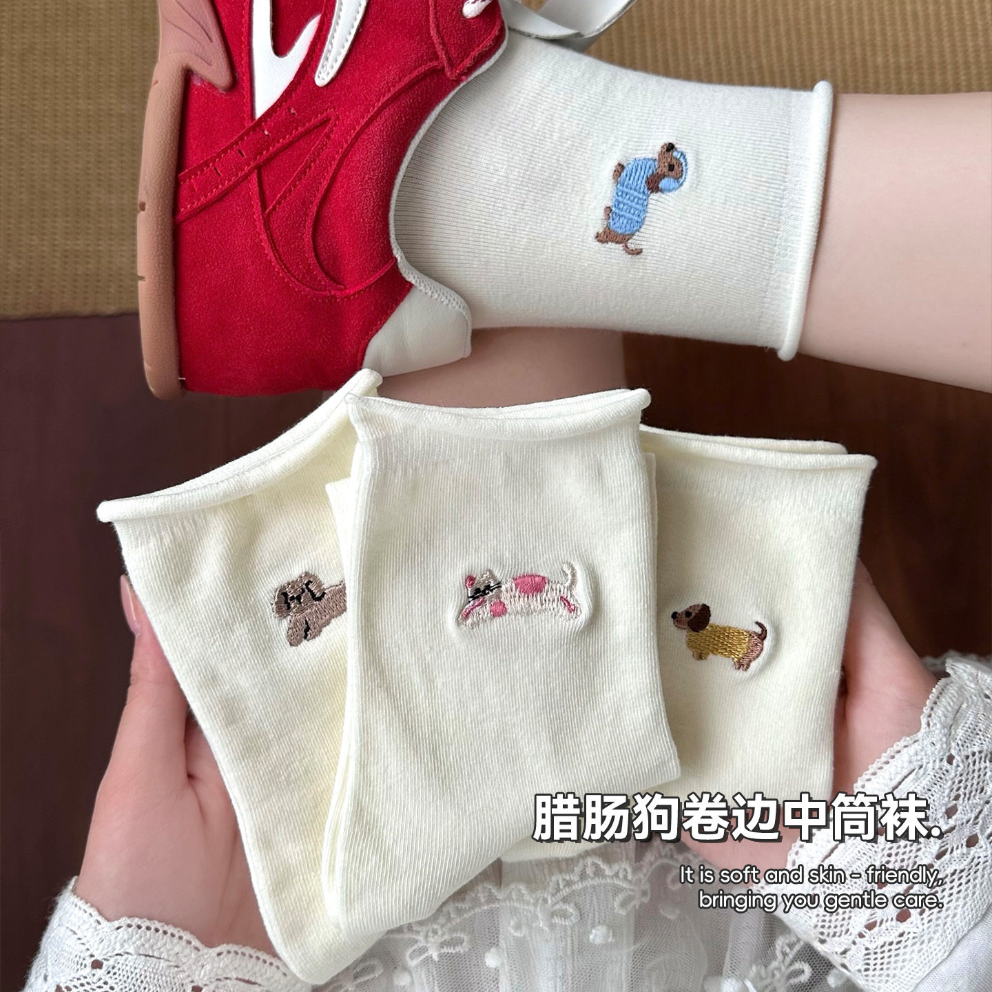 腊肠狗卷边棉质吸汗透气中筒袜