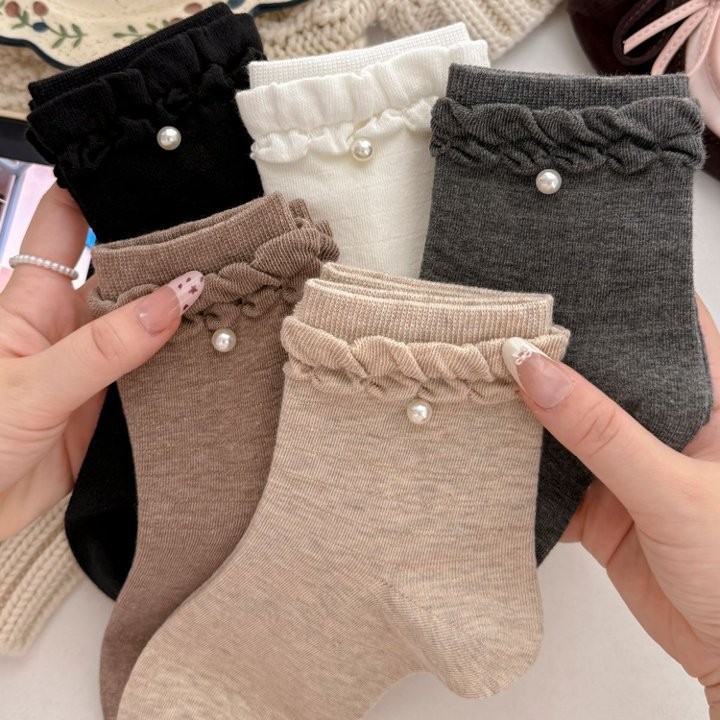 韩系ins风珍珠花边中筒堆堆袜