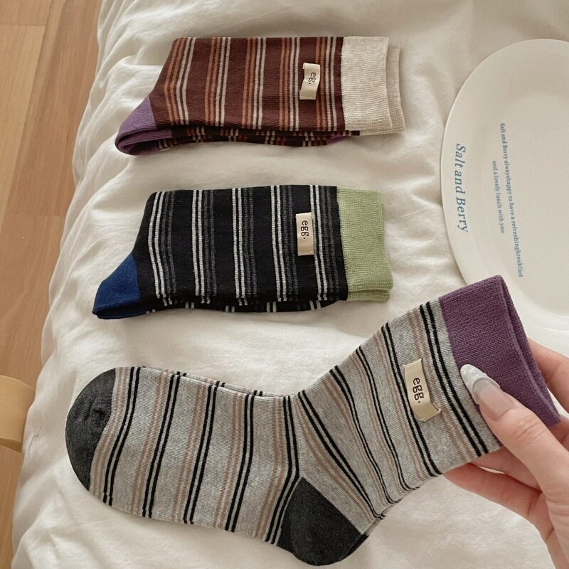 秋冬复古撞色条纹纯棉女中筒袜