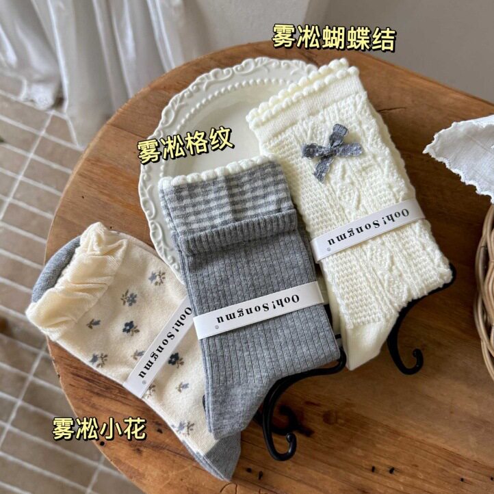 秋冬森系雾凇小花堆堆中筒女袜