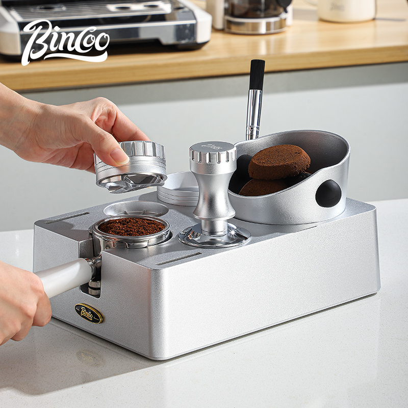 Bincoo银色多功能咖啡压粉底座套装敲渣桶意式51/58mm布粉三件套