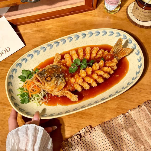 复古中式陶瓷釉下彩椭圆蒸鱼盘