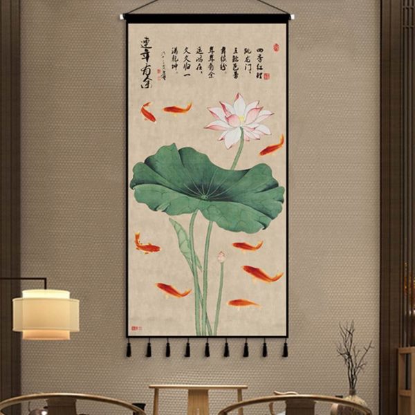 挂画卧室客厅挂毯中国风中式荷花玄关装饰挂布背景布布艺禅意墙上图片