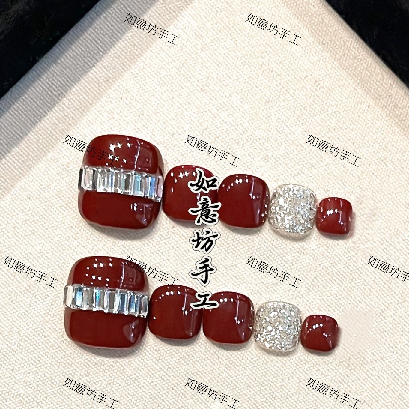 酒红闪钻纯手工脚穿戴甲脚趾甲美甲贴片甜酷辣妹风ins脚百搭显白