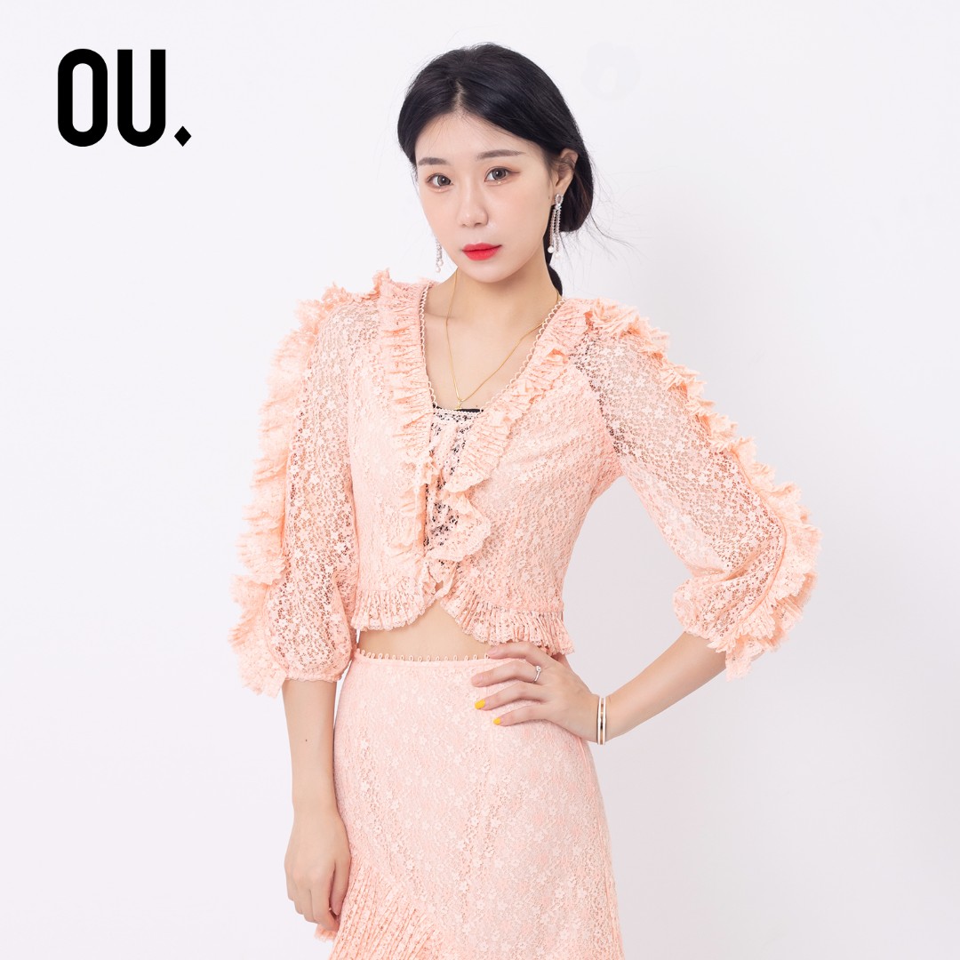 【商场同款】OU./欧点 时尚气质修身镂空V领长袖衬衫 1202123067