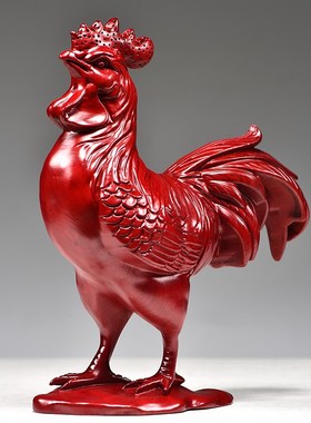 红色木质鸡摆e件吉祥物生肖属相鸡实木雕刻家居客厅装饰红木工艺